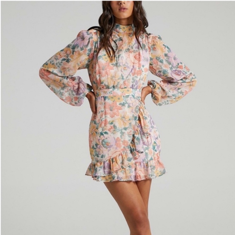 Showpo Tiahna Mini Dress in Floral Crown Long Sleeve High Neck Ruffle 2 XS